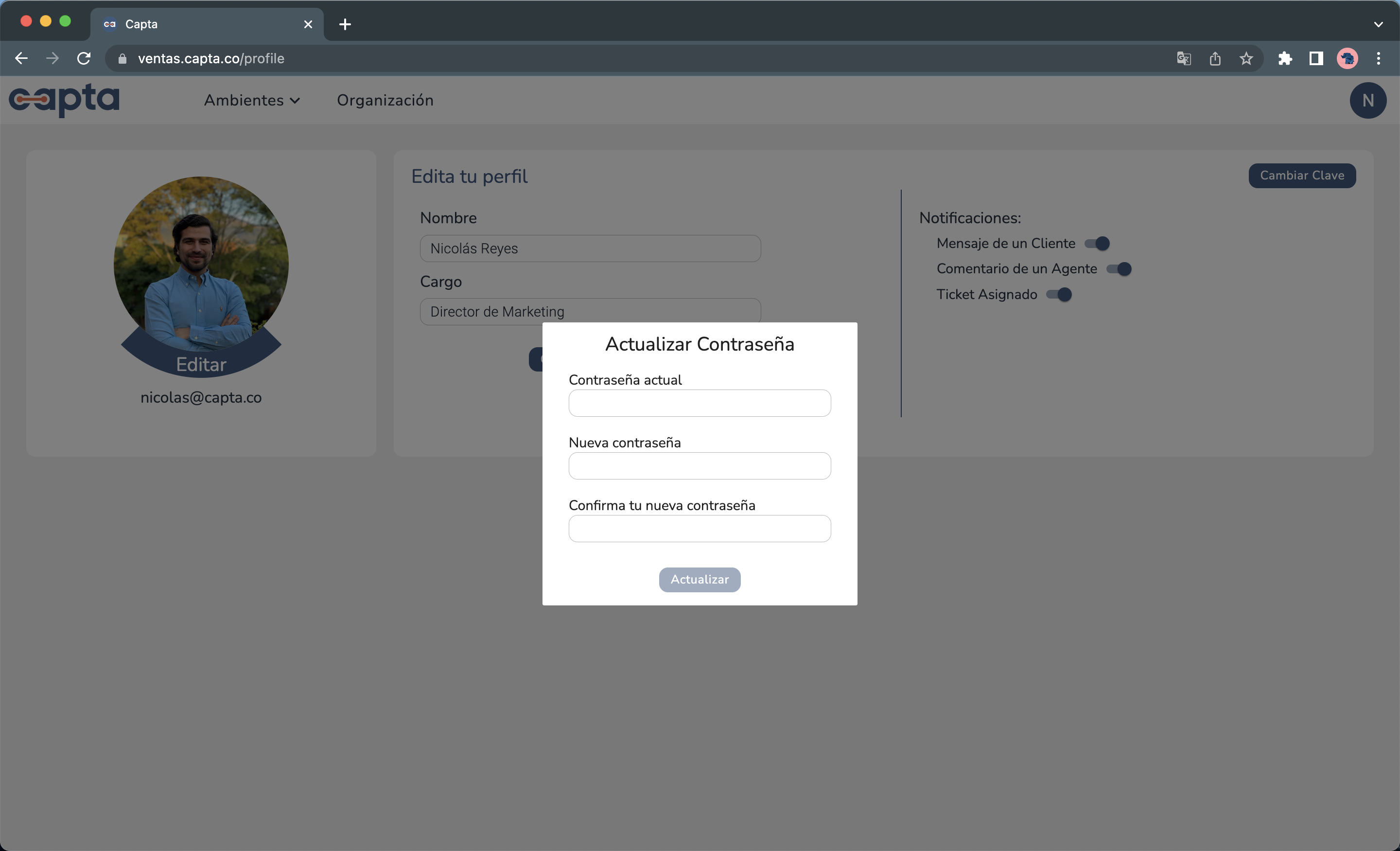 Recuadro de actualizar contraseña